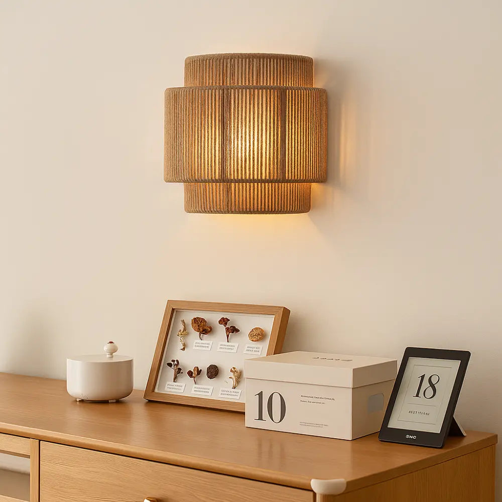 Japandi Wandleuchte aus geflochtenem Rattan mit warmweißem Licht – Ansicht 4