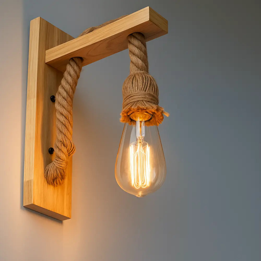 Rustikale Wandlampe aus Holz mit Kordel im Vintage Loft Stil – Ansicht 2