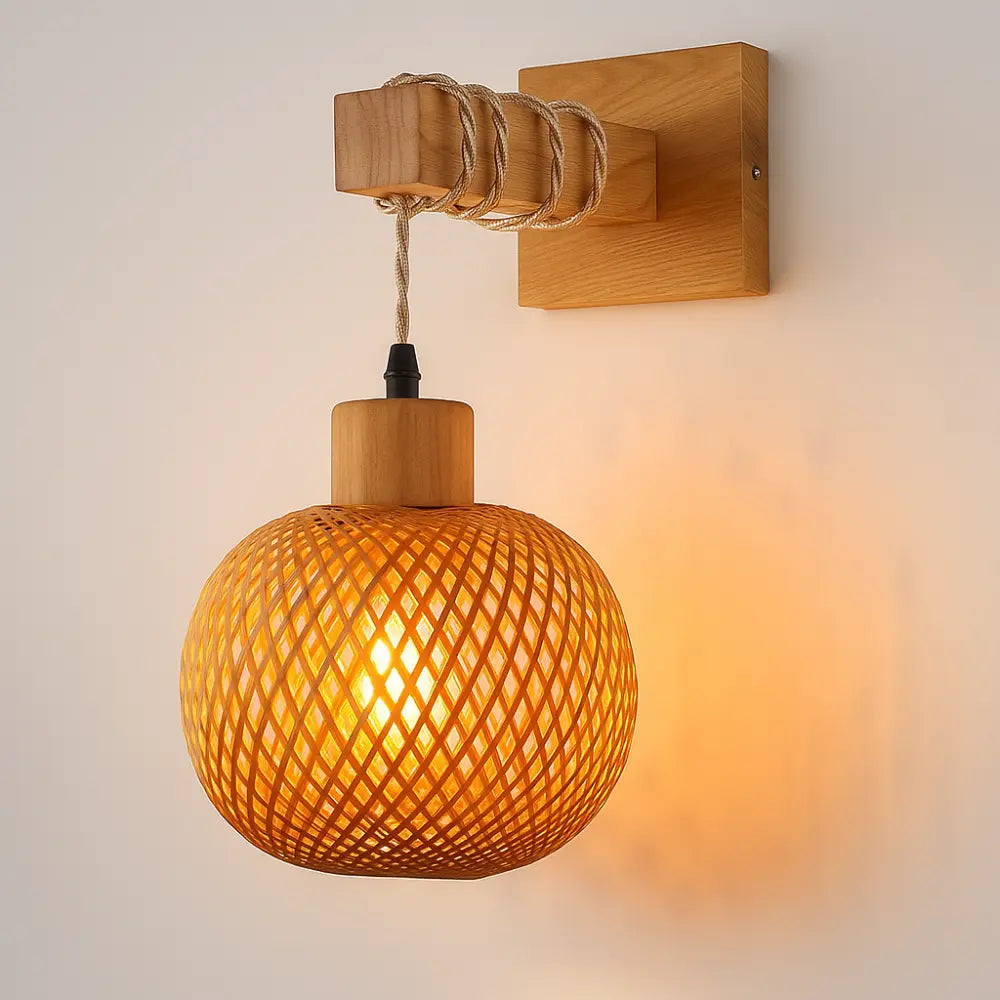 Rattankugel Wandleuchte handgeflochten Boho Skandi Interior – Ansicht 5