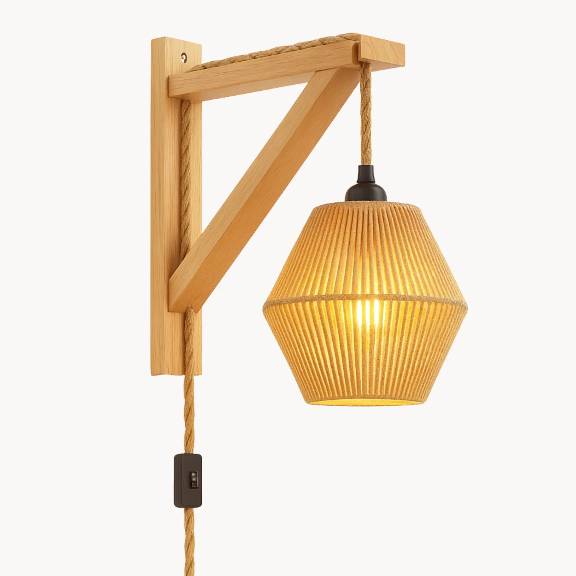 Retro Wandleuchte mit Kabel geflochtenem Rattan und Naturholz-Halterung