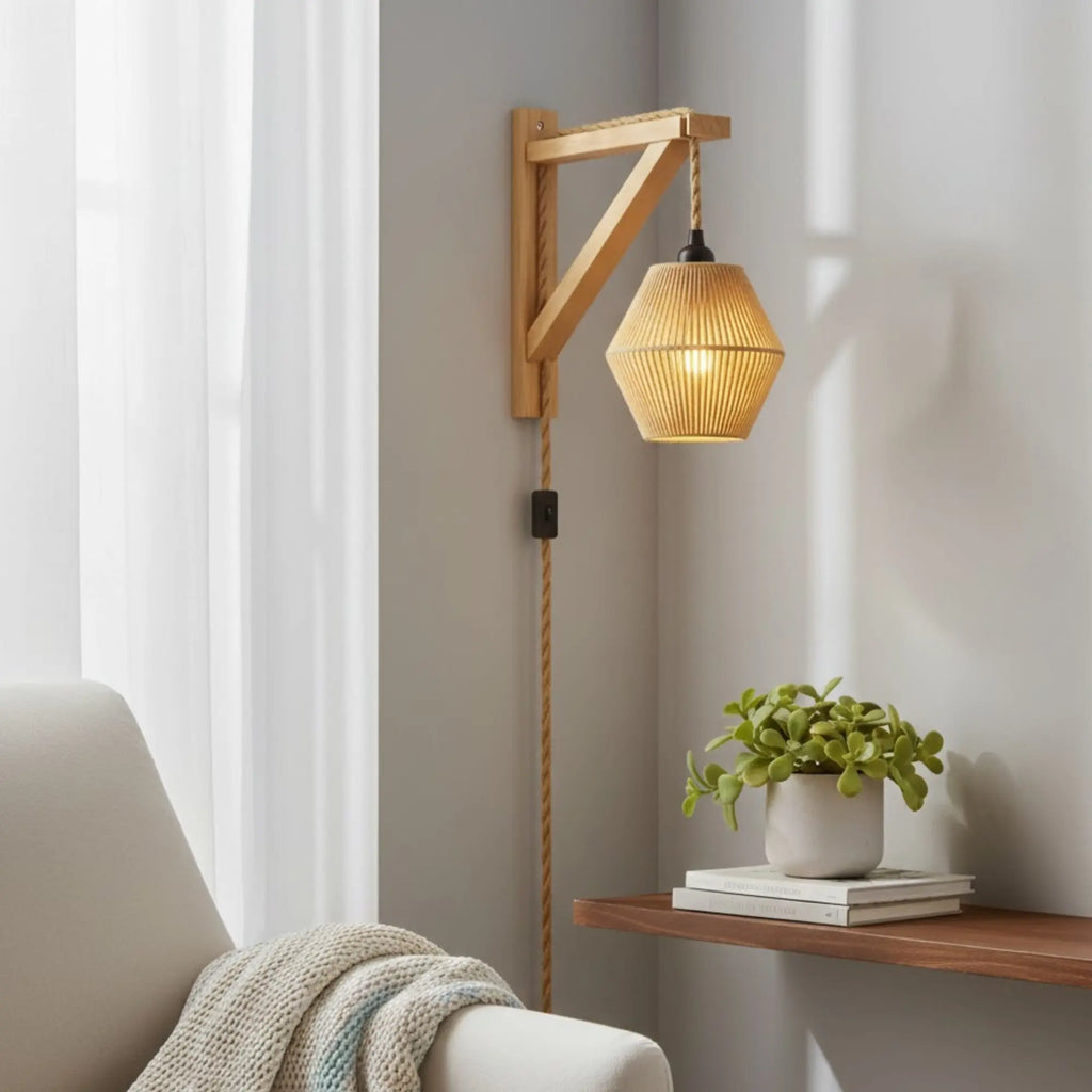 Retro Wandleuchte mit Kabel geflochtenem Rattan und Naturholz-Halterung – Ansicht 4