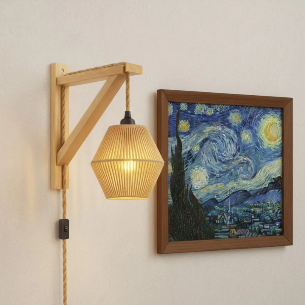 Retro Wandleuchte mit Kabel geflochtenem Rattan und Naturholz-Halterung – Ansicht 5