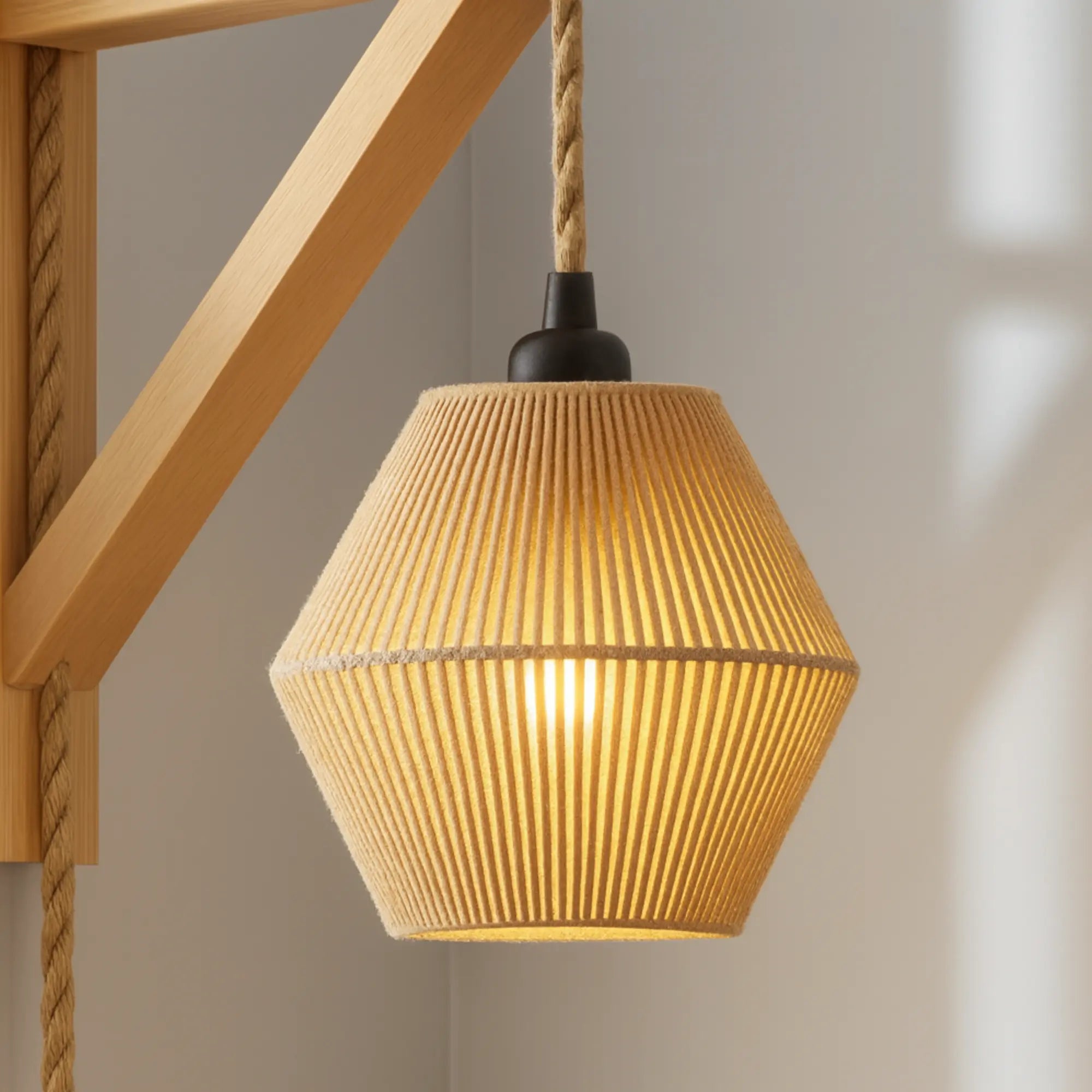 Retro Wandleuchte mit Kabel geflochtenem Rattan und Naturholz-Halterung – Ansicht 6