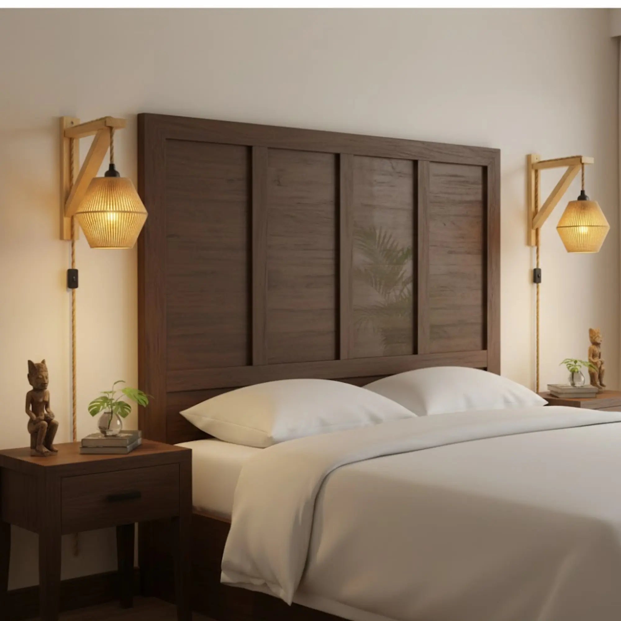 Retro Wandleuchte mit Kabel geflochtenem Rattan und Naturholz-Halterung – Ansicht 3