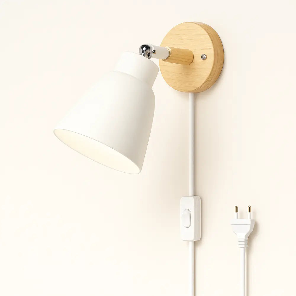 Minimalistische Wandleuchte Holz und Metall mit Kabelschalter – Ansicht 3