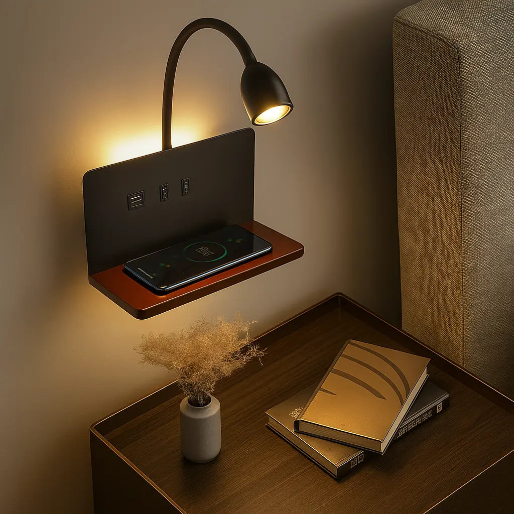 LED Wandlampe mit Leselampe USB und Wireless Charger auf Holzablage – Ansicht 4