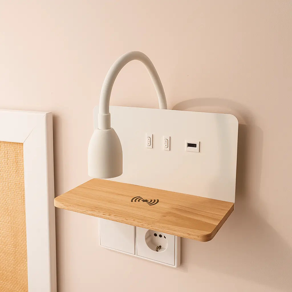 LED Wandlampe mit Leselampe USB und Wireless Charger auf Holzablage – Ansicht 7