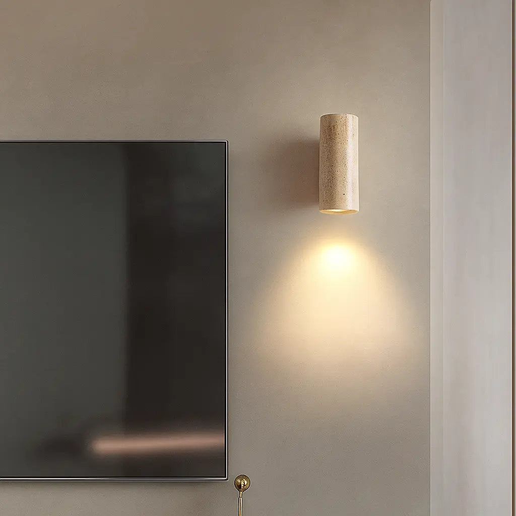 LED Wandleuchte aus Travertin mit Holzbasis im Wabi Sabi Design – Ansicht 4