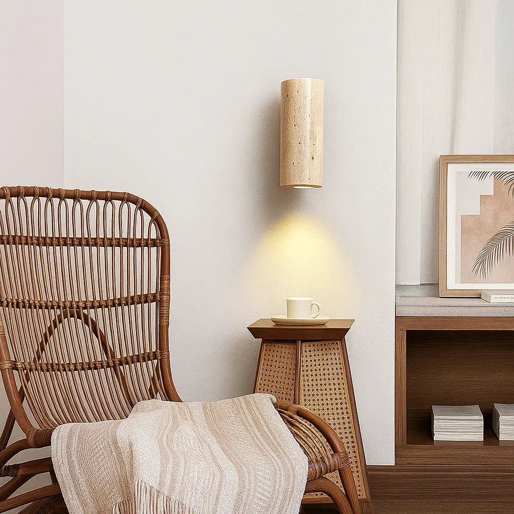 LED Wandleuchte aus Travertin mit Holzbasis im Wabi Sabi Design – Ansicht 5