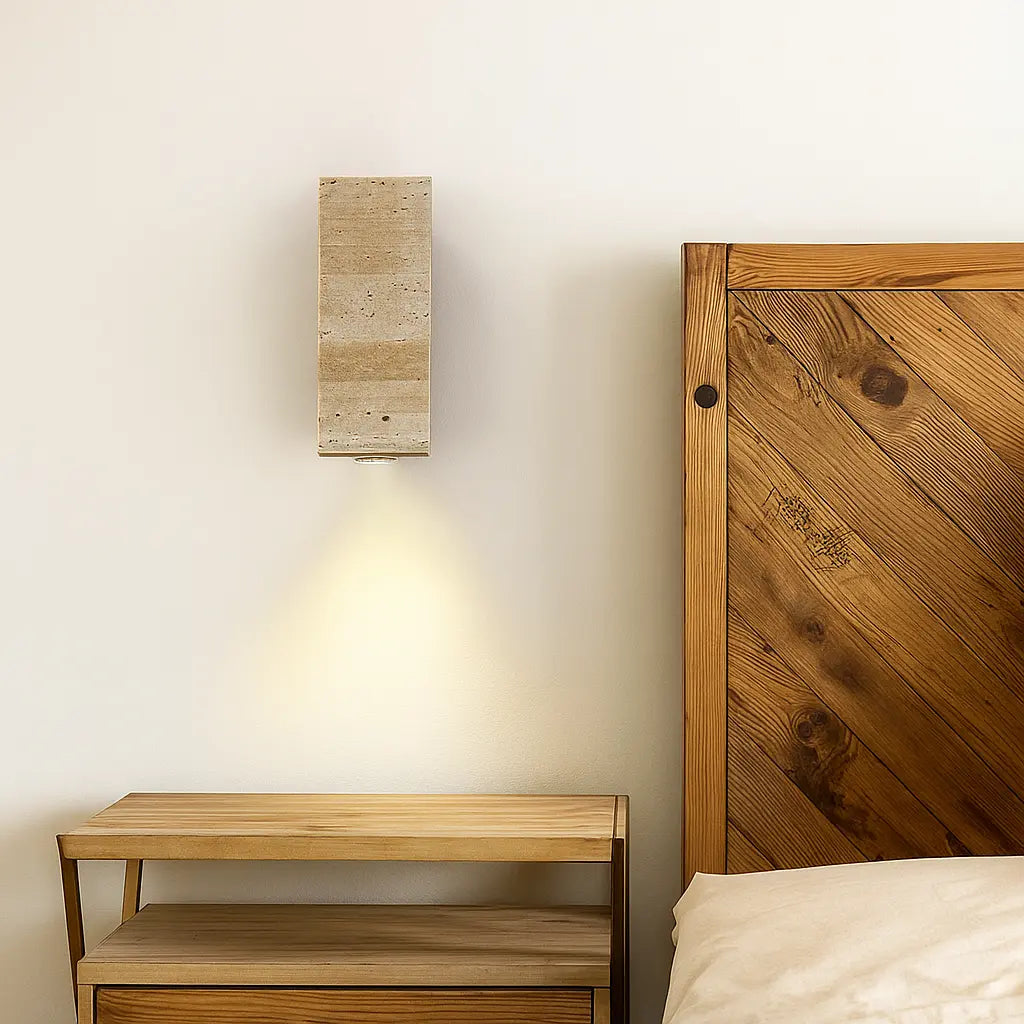LED Wandleuchte aus Travertin mit Holzbasis im Wabi Sabi Design – Ansicht 6