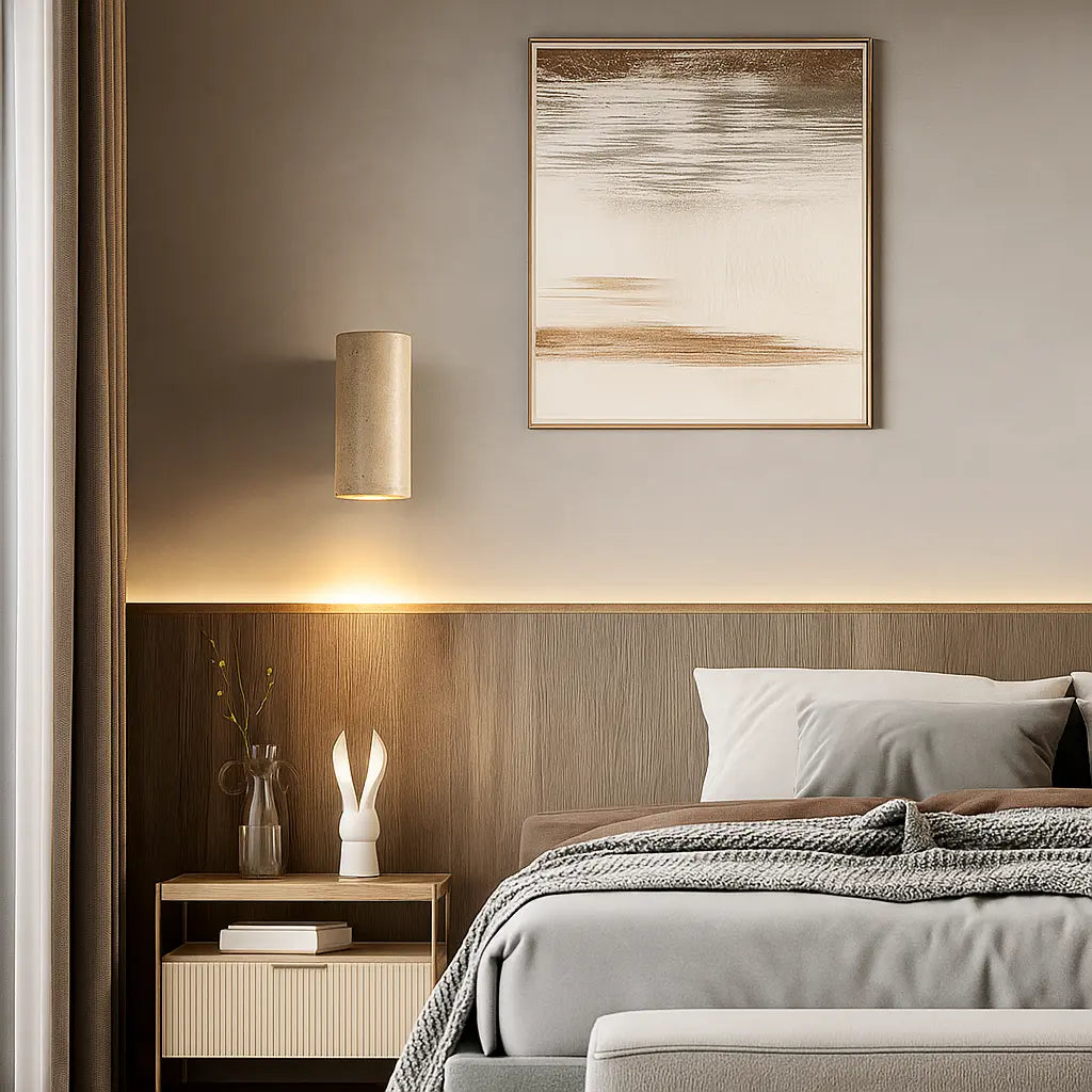 LED Wandleuchte aus Travertin mit Holzbasis im Wabi Sabi Design – Ansicht 8