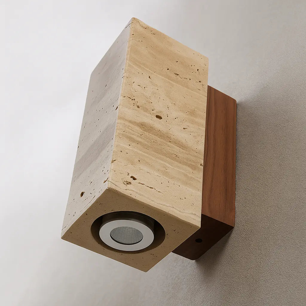 LED Wandleuchte aus Travertin mit Holzbasis im Wabi Sabi Design – Ansicht 9