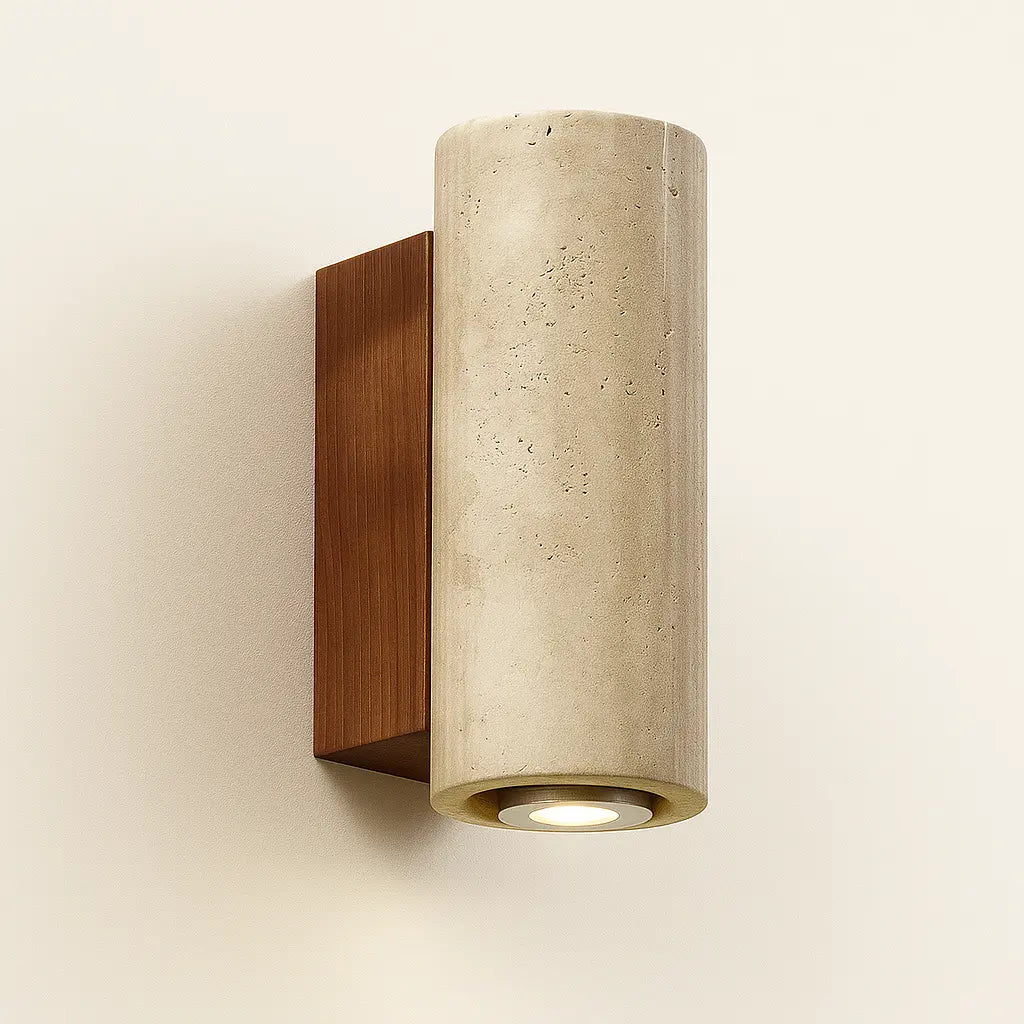 LED Wandleuchte aus Travertin mit Holzbasis im Wabi Sabi Design