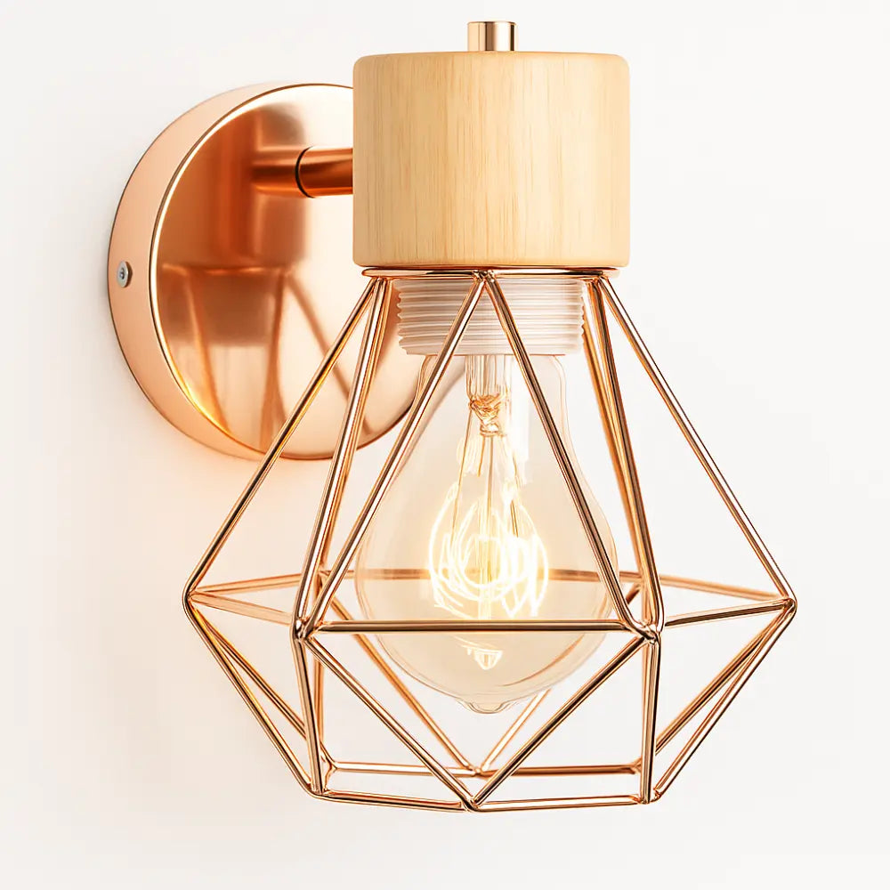 Industrial Wandleuchte mit geometrischem Metallkäfig auf Holzsockel – Ansicht 3