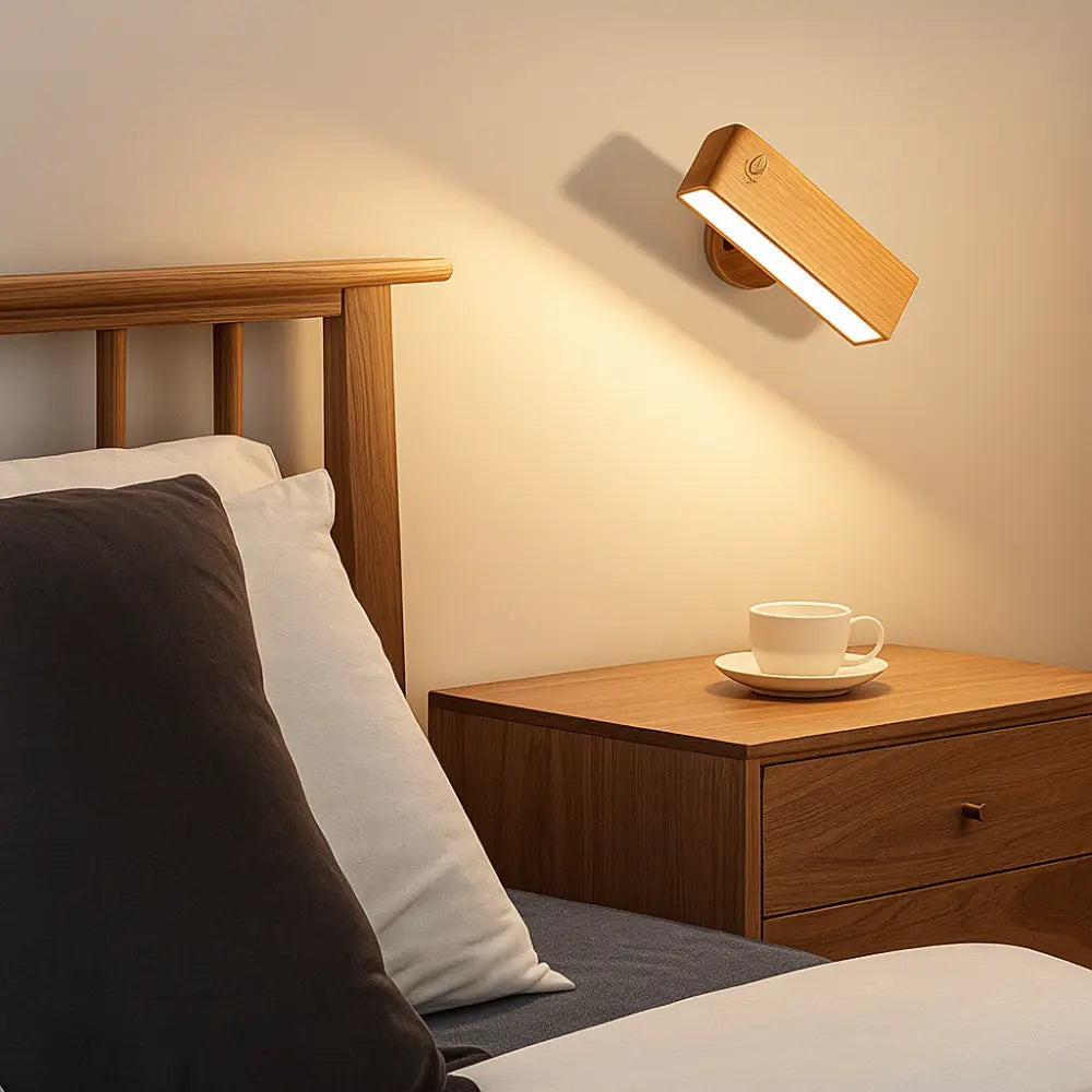 Kabellose LED Wandleuchte aus Holz mit Touch-Sensor und Magnethalterung – Ansicht 4