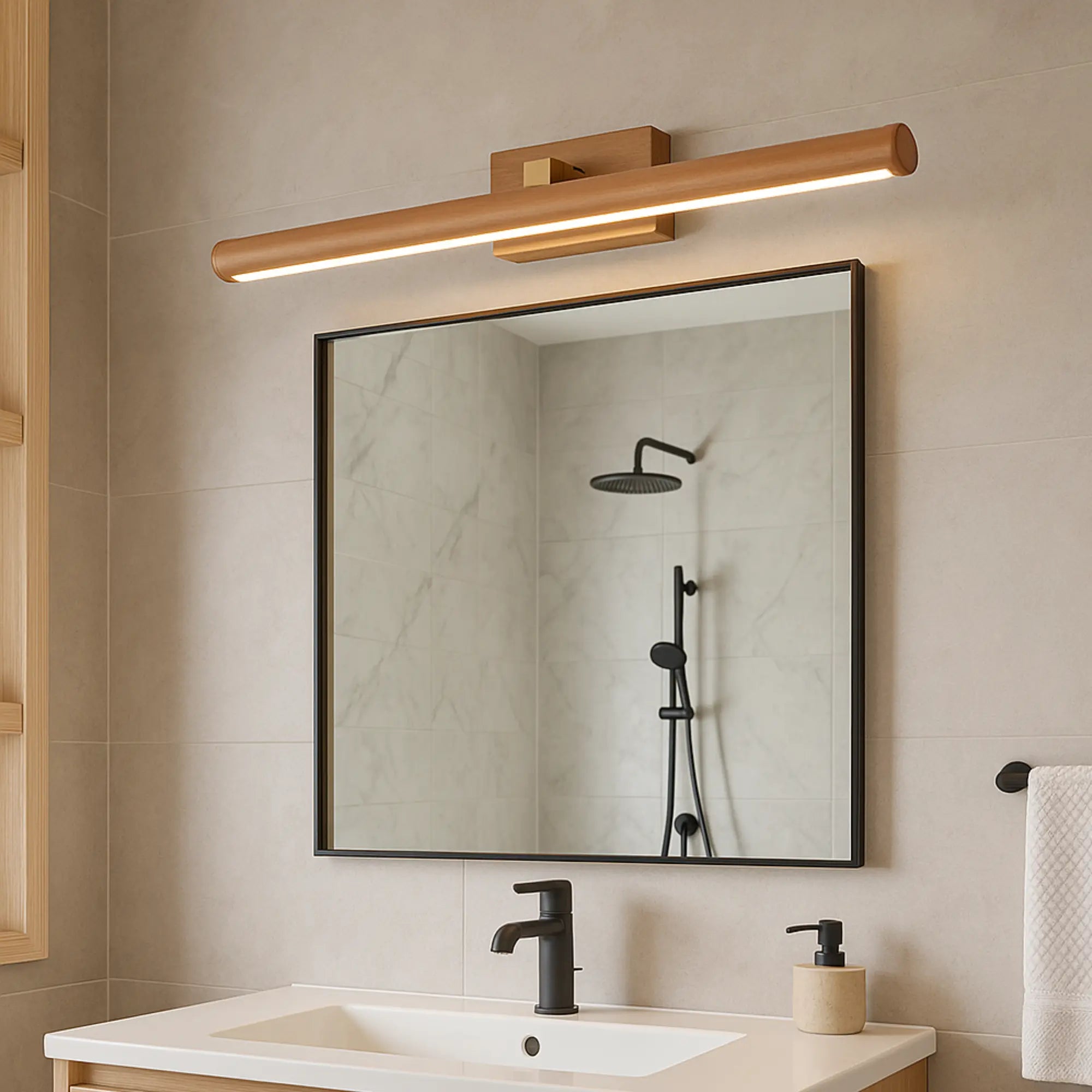 Drehbare LED Wandleuchte aus Holz warmweiß für Bad und Schlafzimmer – Ansicht 9