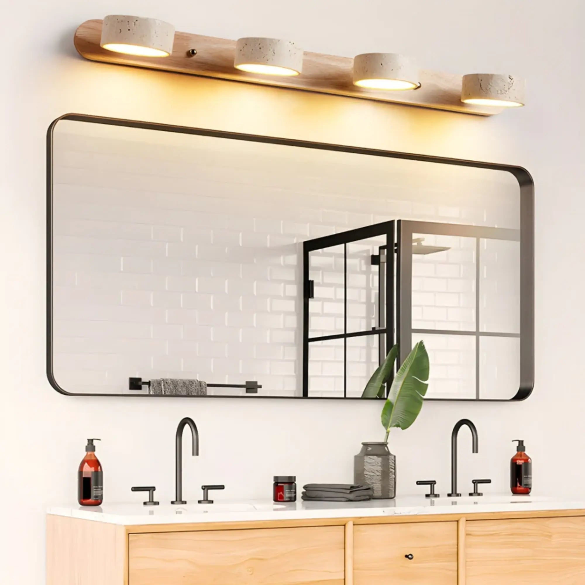 LED Wandleuchte fürs Bad aus Holz und Travertin im minimalistischen Design – Ansicht 16