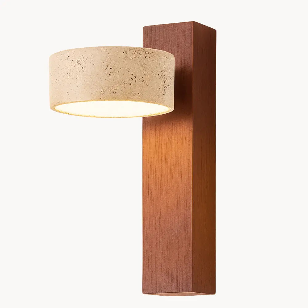 Japandi LED Wandleuchte aus hellem Holz und Travertin drehbar – Ansicht 6