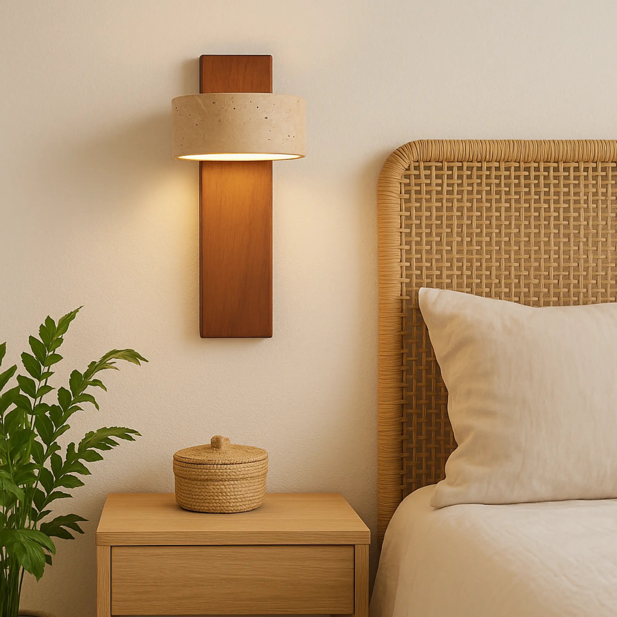 Japandi LED Wandleuchte aus hellem Holz und Travertin drehbar – Ansicht 13