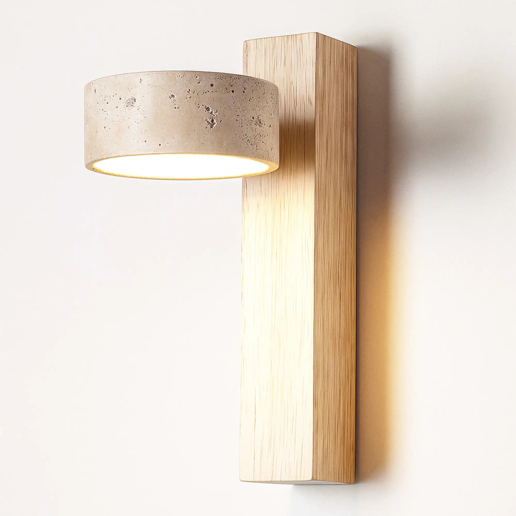 Japandi LED Wandleuchte aus hellem Holz und Travertin drehbar – Ansicht 7