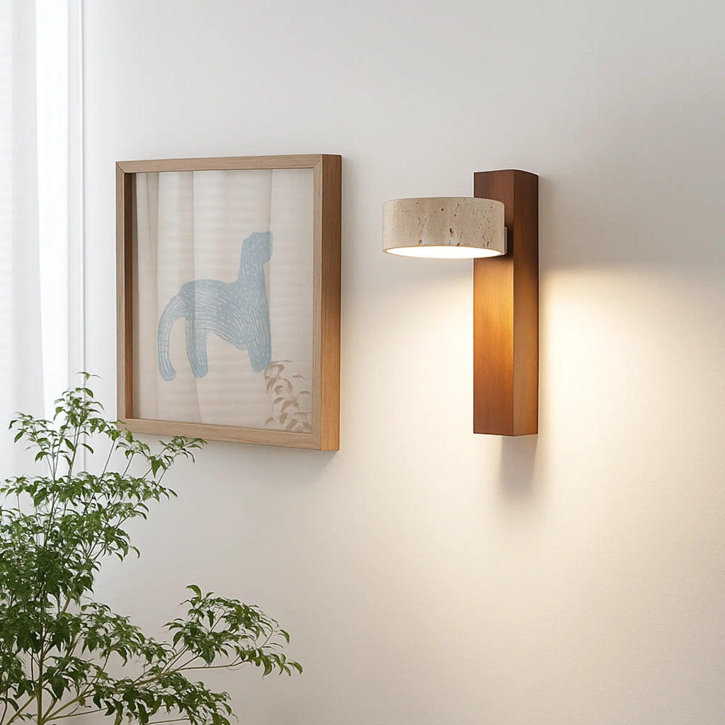 Japandi LED Wandleuchte aus hellem Holz und Travertin drehbar – Ansicht 9