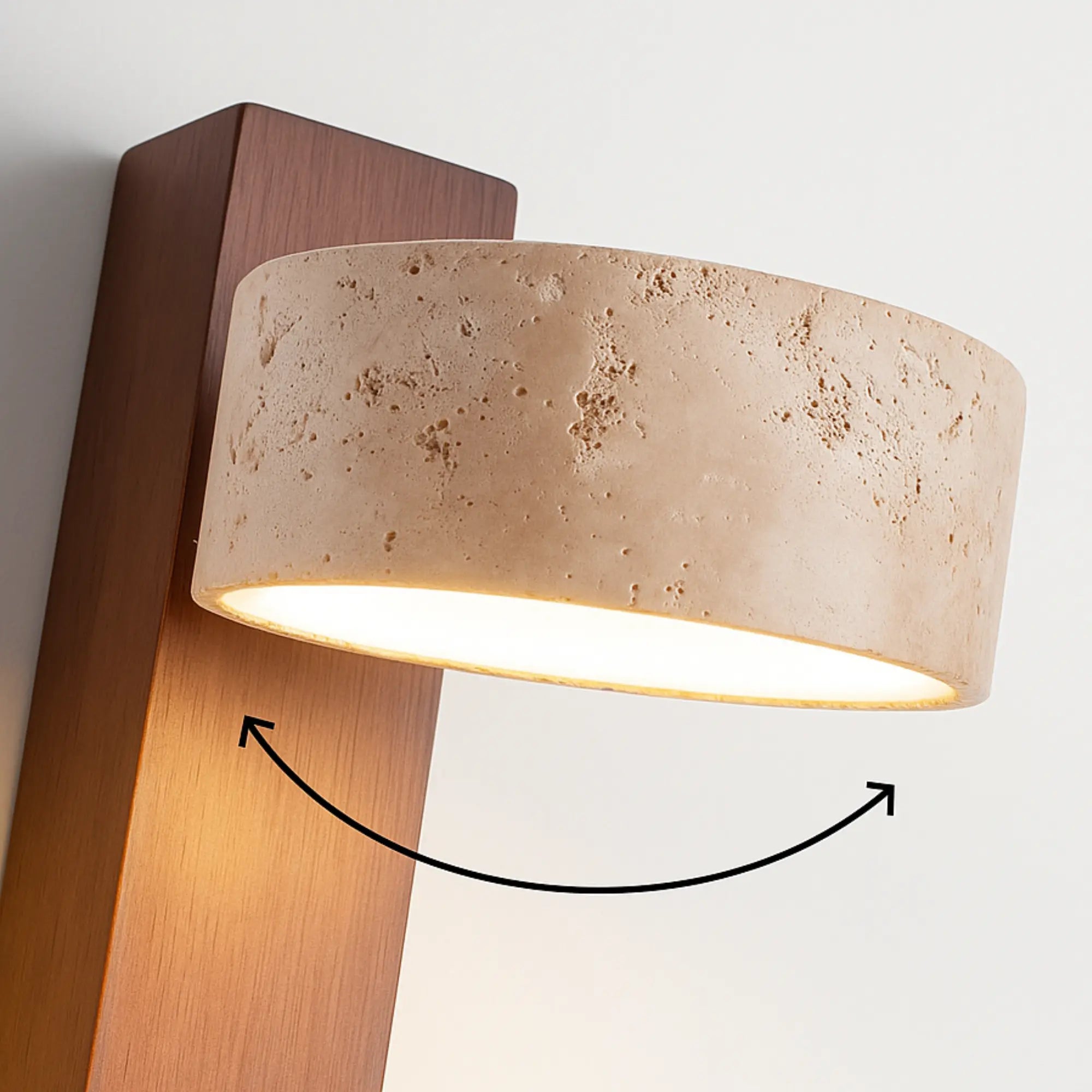 Japandi LED Wandleuchte aus hellem Holz und Travertin drehbar – Ansicht 10