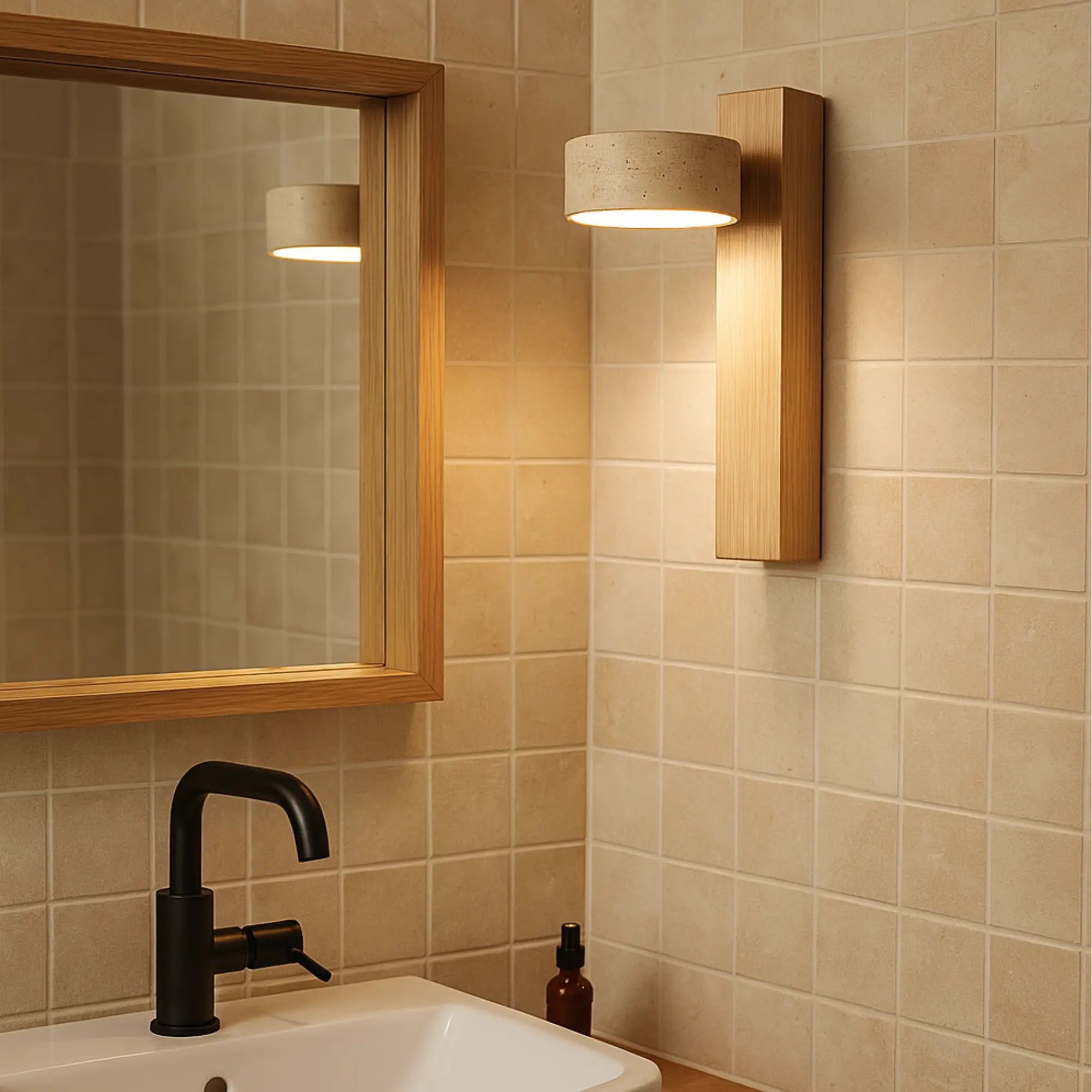 Japandi LED Wandleuchte aus hellem Holz und Travertin drehbar – Ansicht 12