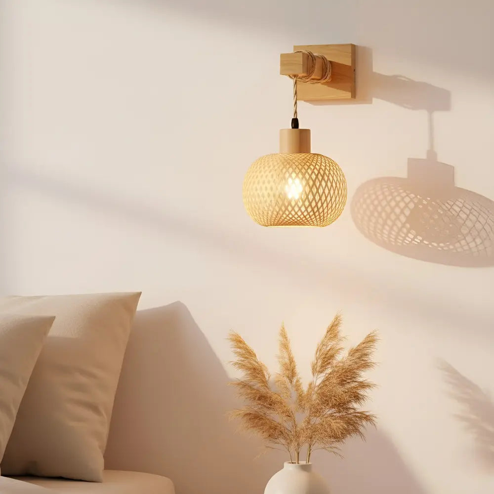 Rattankugel Wandleuchte handgeflochten Boho Skandi Interior – Ansicht 2