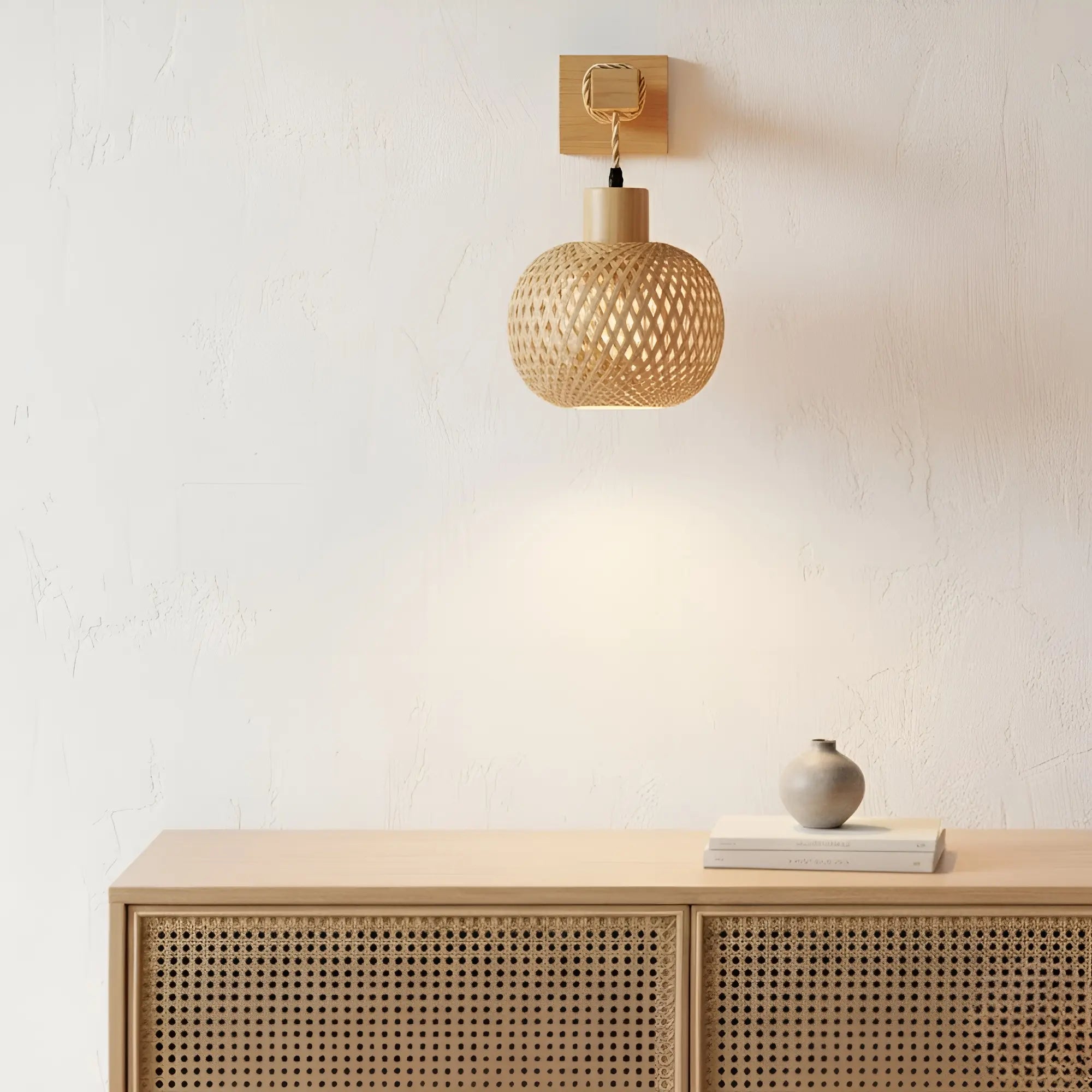 Rattankugel Wandleuchte handgeflochten Boho Skandi Interior – Ansicht 4