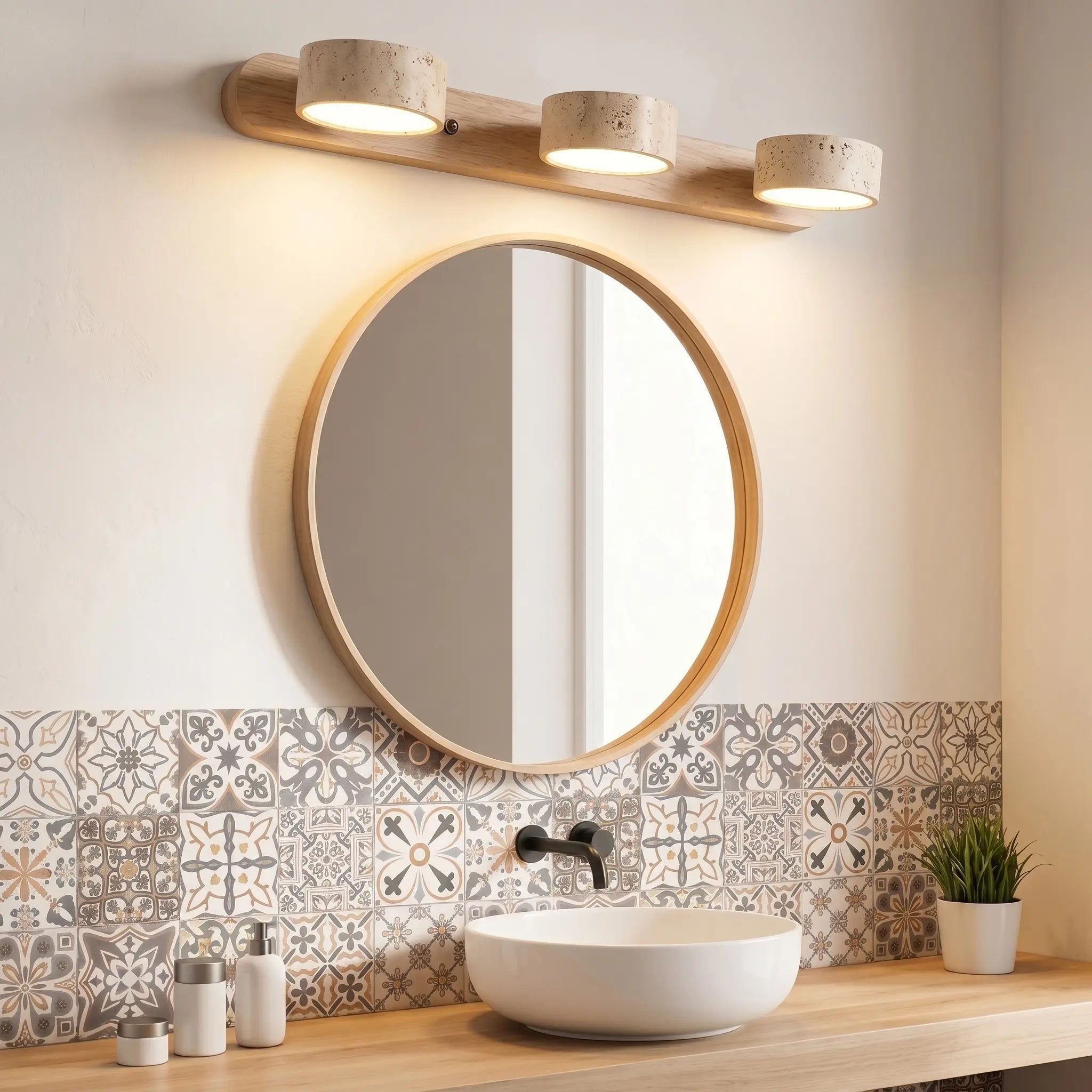 LED Wandleuchte fürs Bad aus Holz und Travertin im minimalistischen Design – Ansicht 7