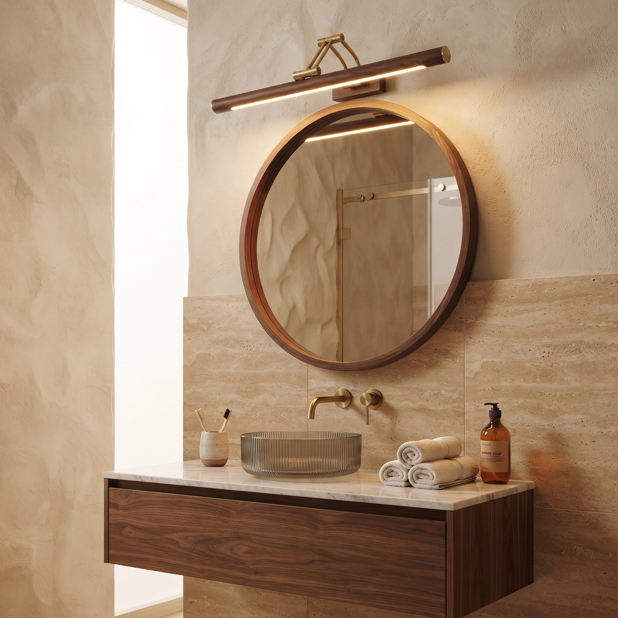 Bad Wandleuchte in Gold mit Holzdetail LED Spiegelbeleuchtung modern – Ansicht 2