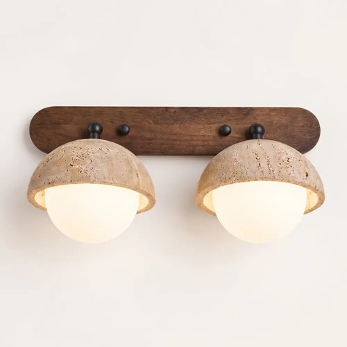 Bad Wandleuchte aus Travertin und Holz mit Opalglas Globen im Wabi Sabi Stil – Ansicht 2