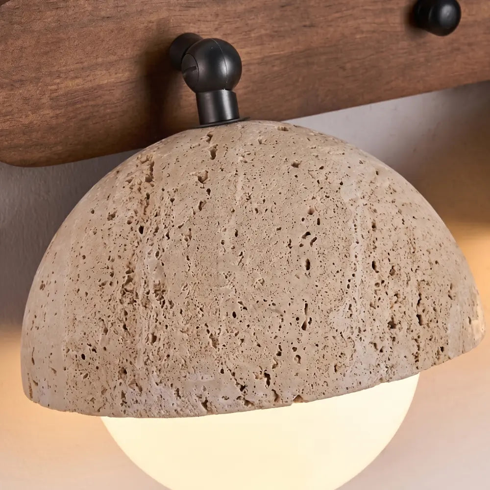 Bad Wandleuchte aus Travertin und Holz mit Opalglas Globen im Wabi Sabi Stil – Ansicht 3