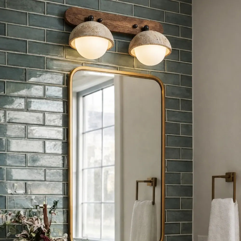 Bad Wandleuchte aus Travertin und Holz mit Opalglas Globen im Wabi Sabi Stil – Ansicht 6