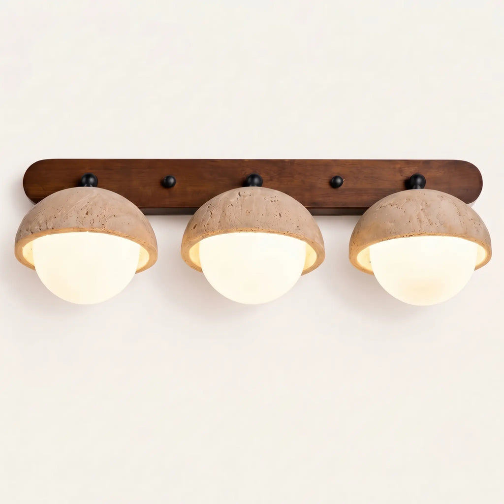 Bad Wandleuchte aus Travertin und Holz mit Opalglas Globen im Wabi Sabi Stil