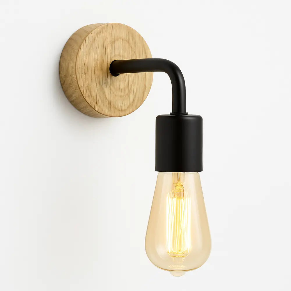 Design Wandleuchte aus Holz mit schwarzem Metallarm im Loft Style