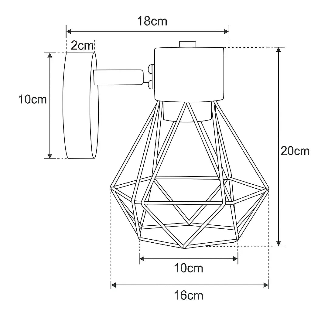 Industrial Wandleuchte mit geometrischem Metallkäfig auf Holzsockel – Ansicht 9